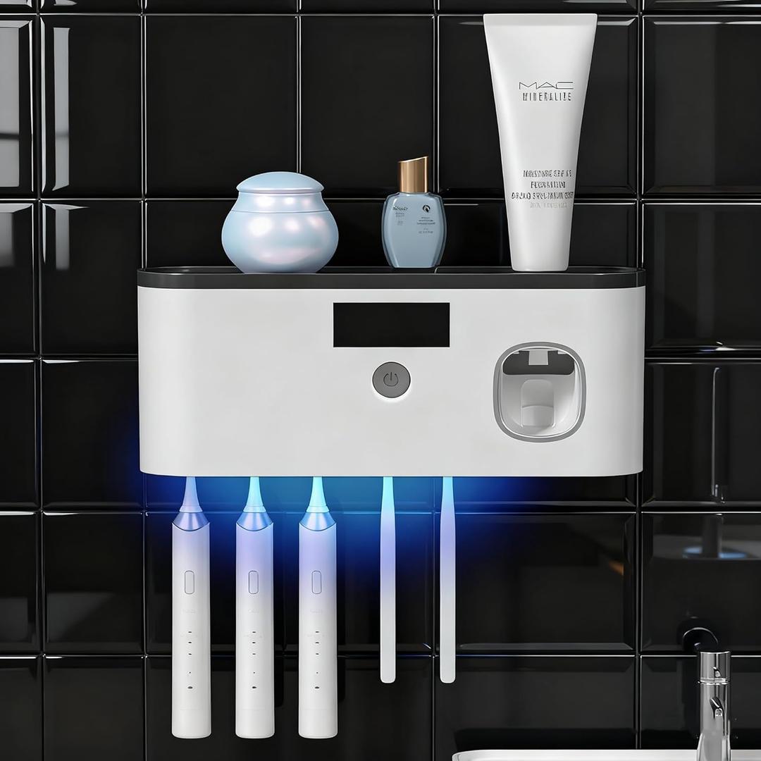 Toothbrush Holders for Bathrooms, Toothbrush Holder Wall Mounted with Toothpaste Dispenser Bathroom Solar Charging and No Drilling Required Tooth Brush Holder with 5 Brush SlotsBlack (White-blacktop)