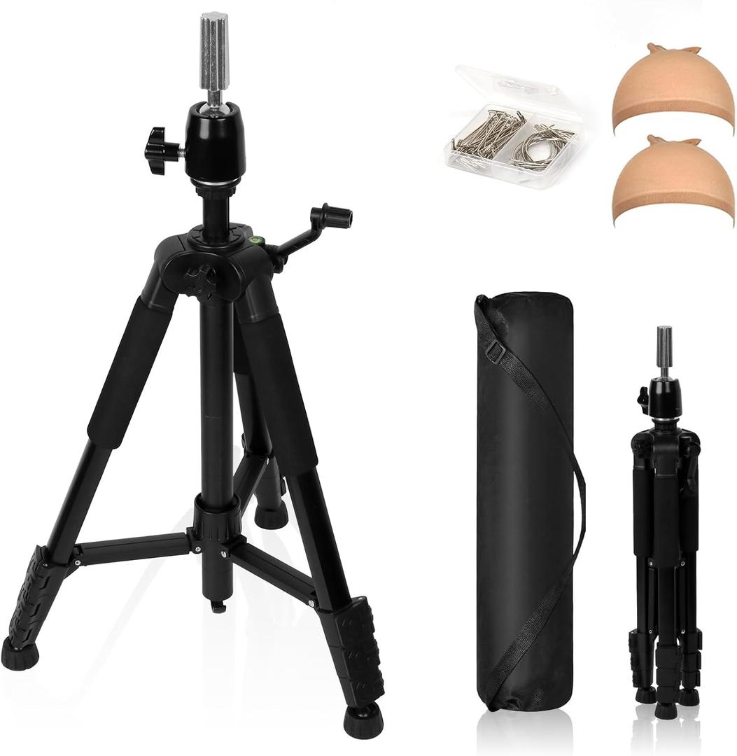 62 Inch Adjustable Wig Stand Tripod Heavy Duty Metal Mannequin Head Stand with Non-Slip Base & Hook, 360 Rotation, Carry Bag for Hair Styling, Training, Display