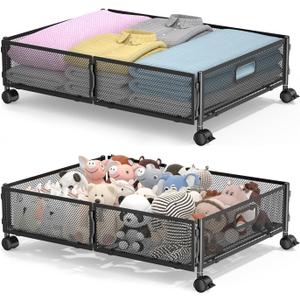 Under Bed Storage with Wheels, Rolling Under Bed Storage Storage Bins for Shoes Clothes, Foldable and Easy Mobility (2 Pack, Black)