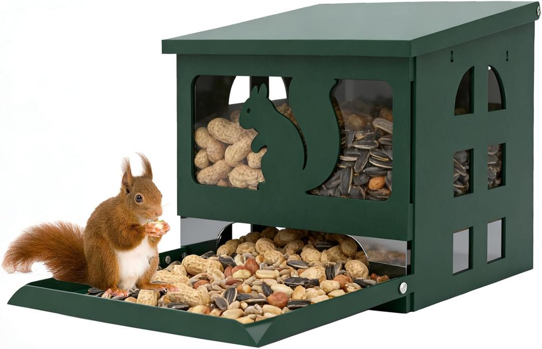 Squirrel Feeder for Outside, Durable Full Metal Squirrel Food Box, Large Capacity Chipmunk Feeder, Weather-Proof Squirrel House, Heavy Duty Squirrel Feeders