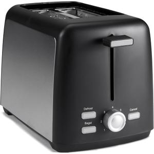 Amazon Basics 2 Slice Toaster, With 7 Browning Settings, Extra Wide Slots For Bagels and Special Breads, Removable Easy-to-Clean Crumb Trays, Cancel/Defrost/Bagel Buttons, 800W, Black & Silver