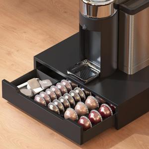 Deco Brothers Vertuoline Pod Holder Drawer with Adjustable Divider, Compatible with Nespresso 40 Small or 20 Large Capsules Coffee Bar Station, Wood Top Stand with Side Storage for Accessories, Black