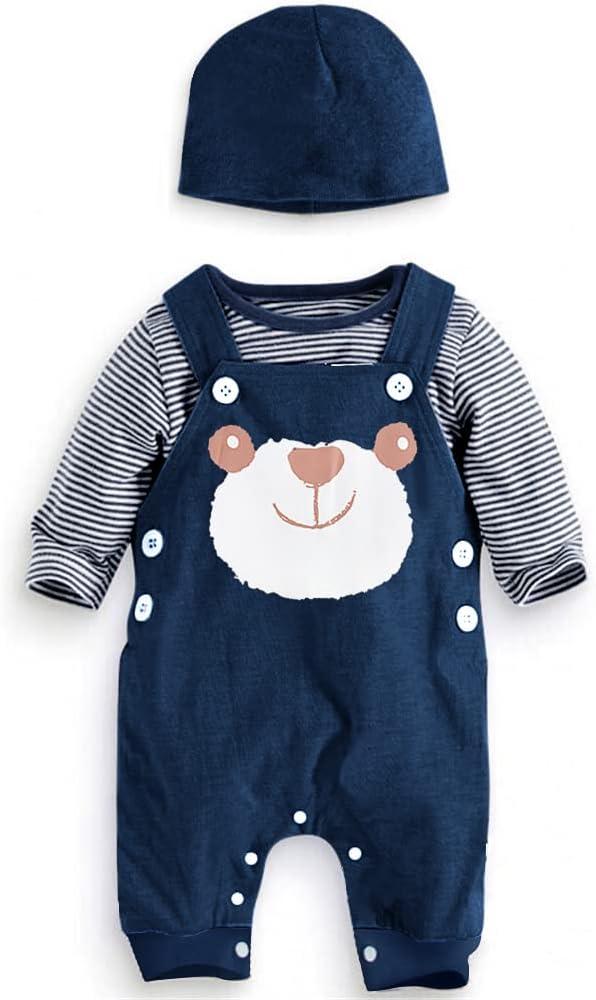 Infant Baby Boys Clothes Newborn Outfits Toddler 3pcs Sets Long Sleeves + Overalls+ Hat 0-18 Month (Blue Bear)