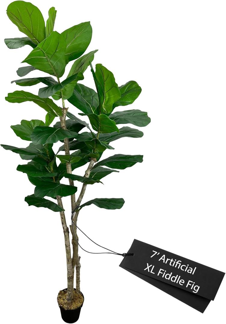 Cypress & Alabaster Handmade 7ft Oversized Fiddle Leaf Fig Ficus Lyrata Artificial Tree with Ethically Sourced Real Wood Trunks, Hypoallergenic, 7-Foot, Green