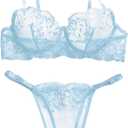 Lilosy Sexy Floral Embroidered Mesh Women Underwire Push Up Lingerie Set (Small, Floral Light Blue)
