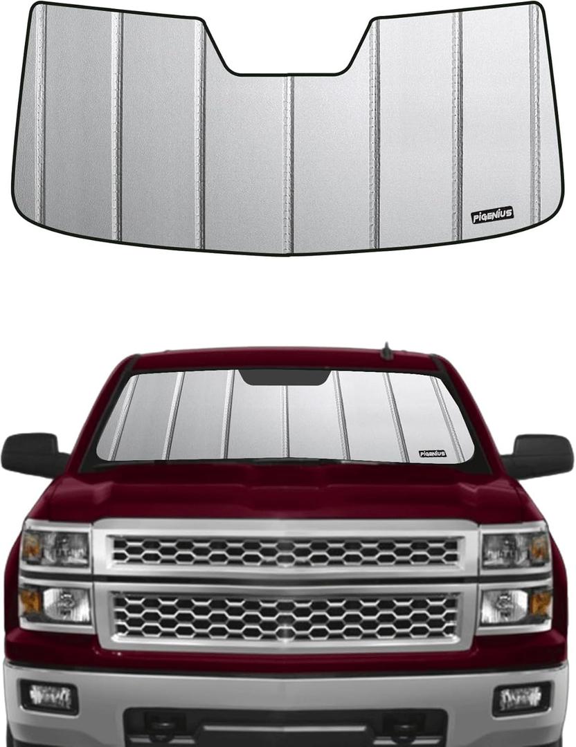 Windshield Sun Shade for Chevy Silverado GMC Sierra 1500 2014-2018, 2500/3500HD 2015-2019 & Silverado LD Sierra Limited 2019, Fits Models Without Lane Departure Warning, Premium Grey Leather Finish (gray)