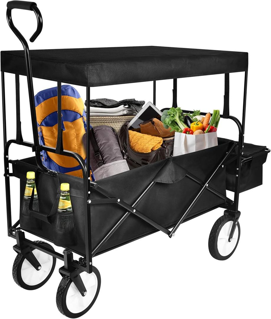 YSSOA Heavy Duty Folding Portable Hand Cart with Removable Canopy, 8'' Wheels, Adjustable Handles and Double Fabric for Shopping, Picnic, Beach, Camping
