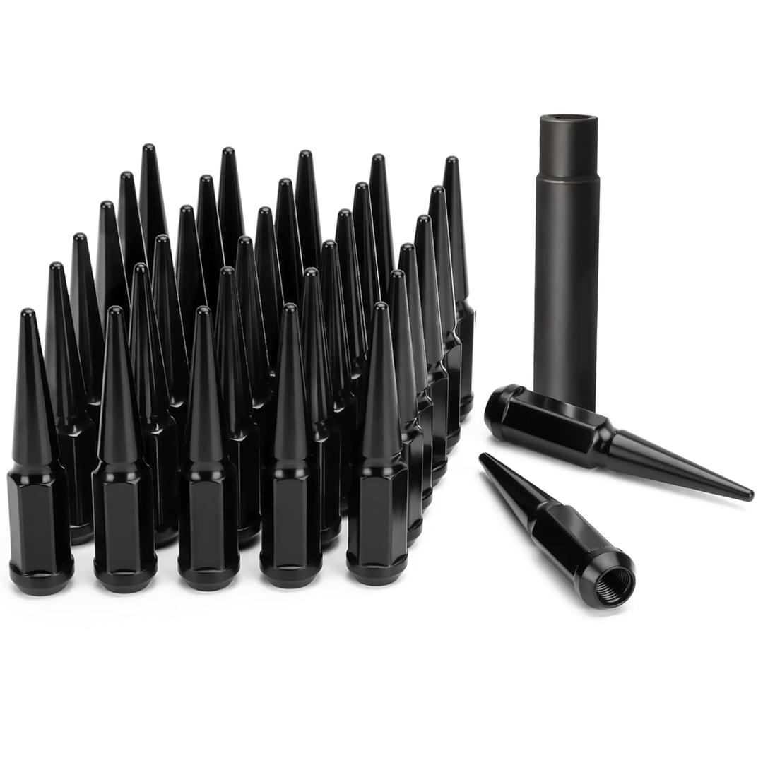 Dynofit 14x1.5 Spike Lug Nuts for Chevy GMC Silverado Sierra 2500 3500, 32pcs One-Piece Design Spiked Lug Nuts with 1 Key Fit F250 F350 Truck, Aftermarket Black Hex Drive Bullet Nut for 6&8 Wheel