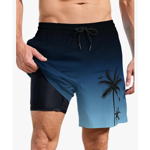 No Brand Men Swim Trunks with Compresssion Liner 7 Inch Inseam Board Shorts Bathing Suit with Zipper Pockets L