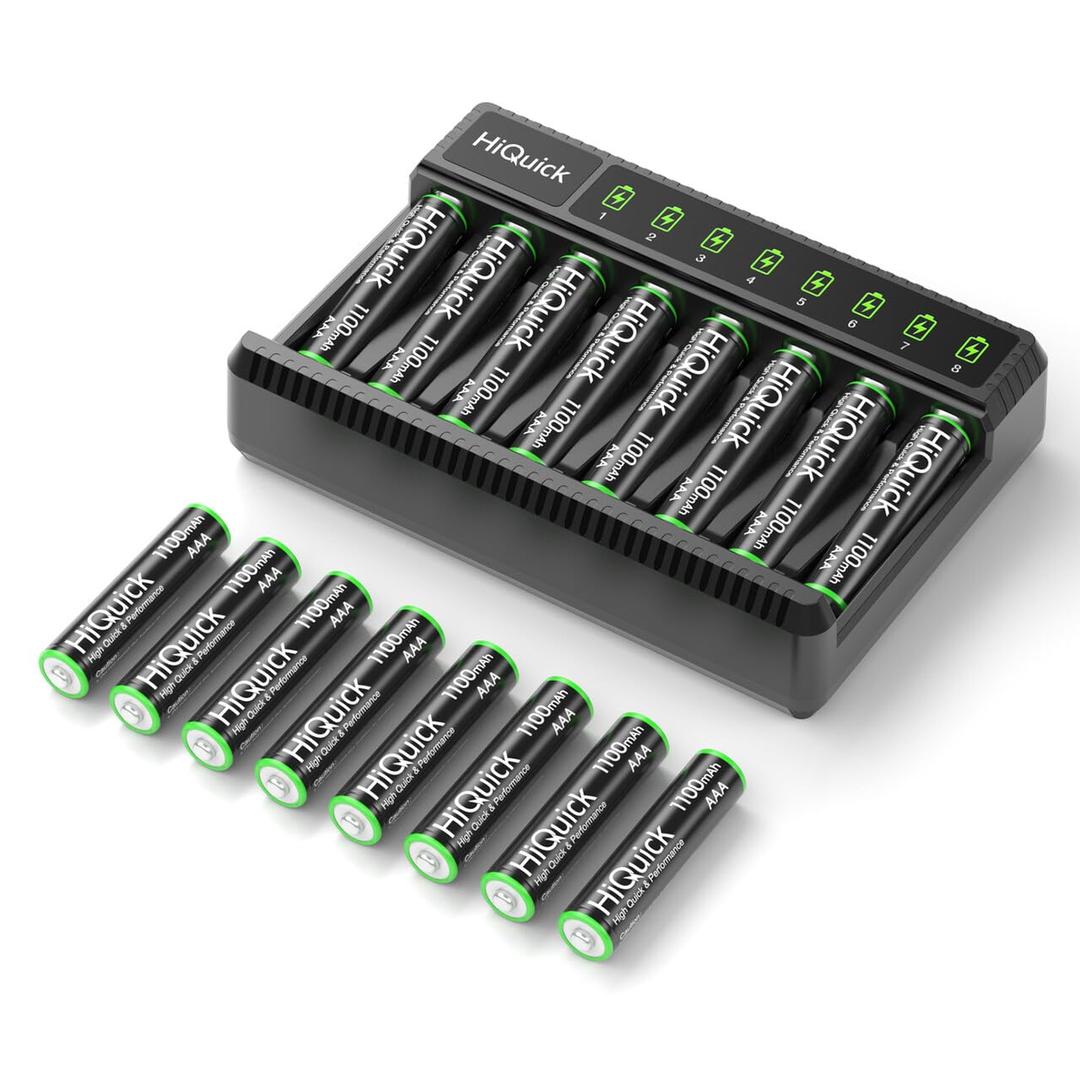 HiQuick Rechargeable AAA Batteries with 8 Bay Battery Charger,1.2V 1100mAh Low Self-Discharge Ni-MH AAA Batteries 16 Pack with Battery Charger for Ni-MH/NiCD AA/AAA Rechargeable Batteries