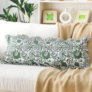 Green Cotton Print Ruffle Pillow Case 14 x 36 Inches Floral Pillow Cover for Bedroom Decoration Couch Sofa