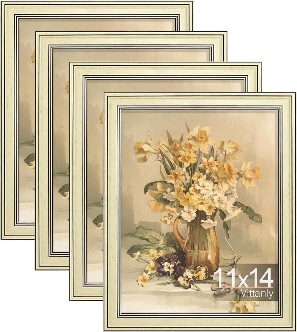 Vittanly 11x14 Picture Frames Set of 4, Vintage Photo Frames, Beige | Display 8x10 Pictures with Mat or 11x14 without Mat, Rustic Frames with Plexiglass, Farmhouse Home Decor for Wall Mounting