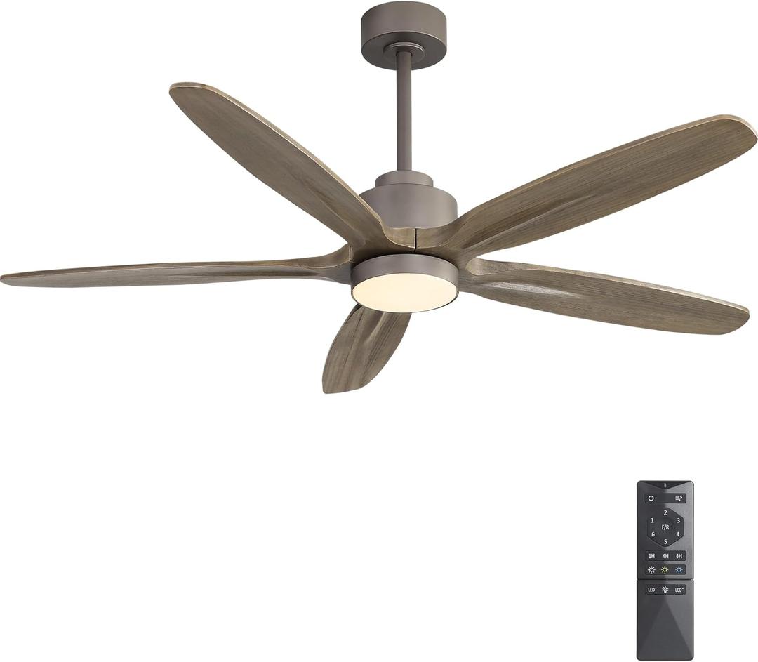 WINGBO 54" Ceiling Fan with Light - 5 Carved Solid Wood Blades, 6-Speed Reversible DC Motor, Dimmable, 3CCT, Noiseless Remote Control Ceiling Fans with Lights for Bedroom Living Room, Charcoal Gray