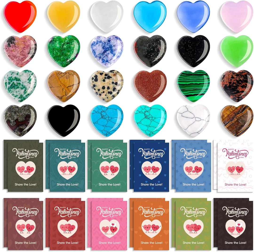 MGparty 24 Pack Valentines Day Gifts for Kids, Valentine Cards with Heart Shaped Gemstones, Class Valentine Cards for Kids Classroom Exchange Rock Crystal Party Favors School Goodie Bag Fillers