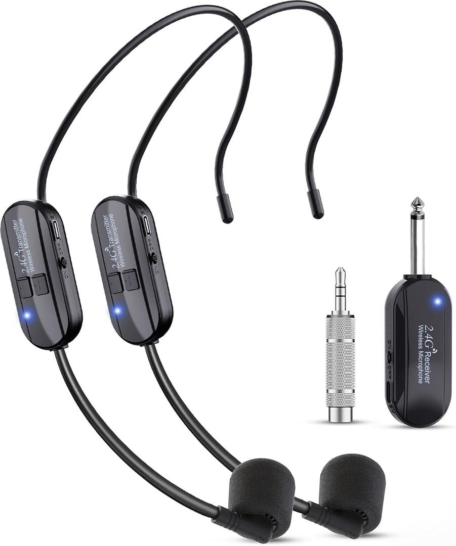 Wireless Microphone Headset Double Professional: Cordless Mic Head for Two People, Heads Handheld Mics 2 in 1- USB-C Rechargeable - 1/4'' and 1/8'' Plug for PA System, Voice Amplifier,Teaching,Fitness