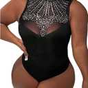 WDIRARA Women's Plus Size Sparkly Rhinestone Tank Bodysuit Party Mock Neck Sleeveless Body Suit (3X-Large Plus, Black)