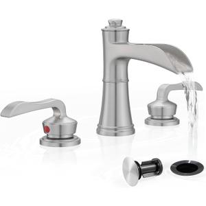 Widespread Bathroom Faucet, 4-16 Inch Brushed Nickel Waterfall Bathroom Faucets Solid Brass Sink Faucet Bathroom Vanity Faucets 3 Hole 2 Handle with Supply Water Hoses Pop-up Drain