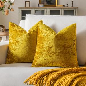 Set of 2 Mustard Yellow Decorative Velvet Throw Pillow Covers 20x20 Inches, Soft Neutral Accent Pillow Cases with Vintage Textured Farmhouse Couch Cushion Covers for Luxurious Home Decor