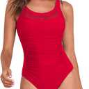Century Star One Piece Swimsuit Women Tummy Control Vintage Swimsuits Mesh U Back Modest Swimwear (Large, Red)