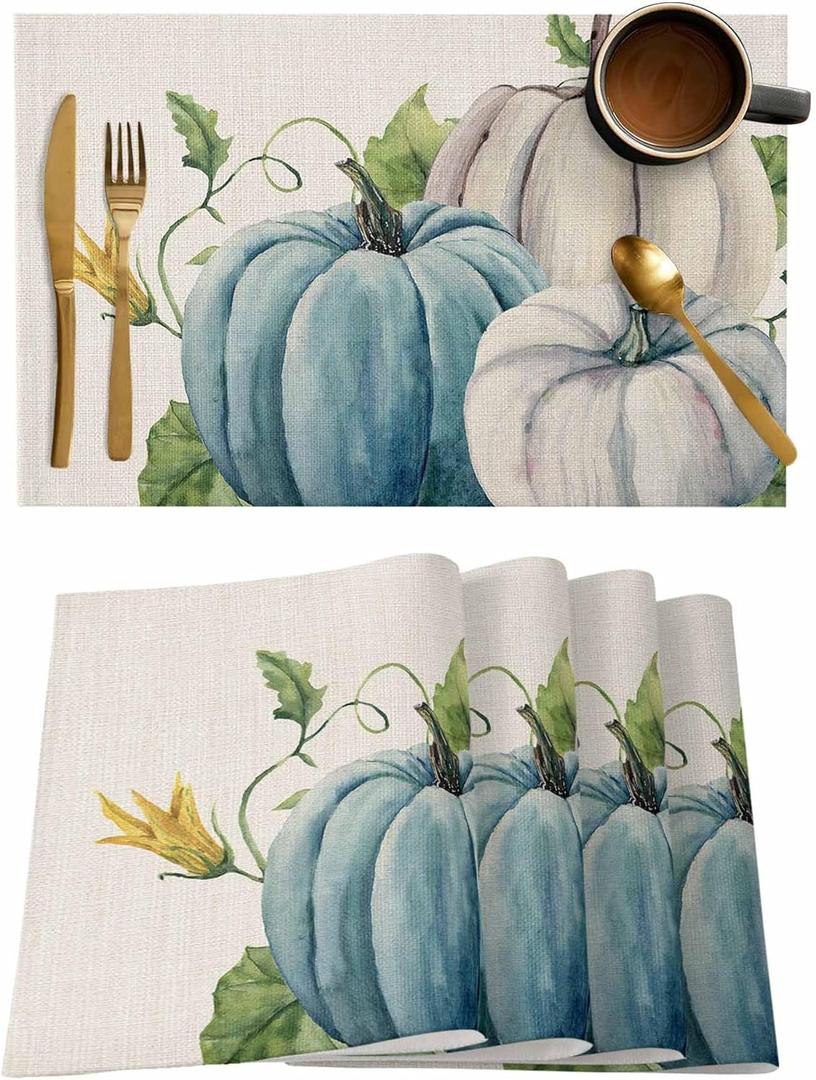 White Blue Pumpkin Floral Placemats Set of 6, Thanksgiving Cotton Linen Heat-Resistant Washable Table Mats Placemat for Holiday/Dining/Indoor/Outdoor/Party Table Decoration, White Blue Pumpkin Floral Placemats Set of 6, Thanksgiving Cotton Linen Heat-Resistant Washable Table Mats Placemat for Holiday/Dining/Indoor/Outdoor/Party Table Decoration,