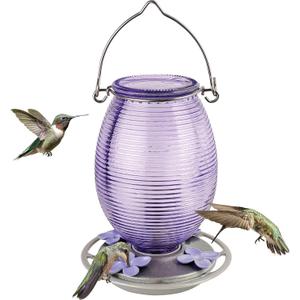 Nature's Way Hanging Glass Hummingbird Feeder for Outdoor Decor, 29 Ounce Capacity Nectar Feeder, 4 Easy to Clean Flexible Ports, Purple Lilac