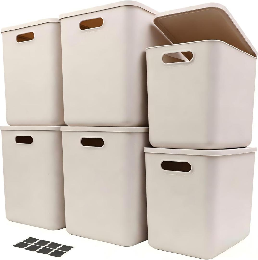 6 piece Plastic Storage Baskets Boxes with Lids,14.4x10.2x11.8 Inch Stackable Organizing Bins with Handles,Versatile Containers for Pantry,Bathroom,Closet Shelves Desktop (Light grey, 4XXL+2XL)