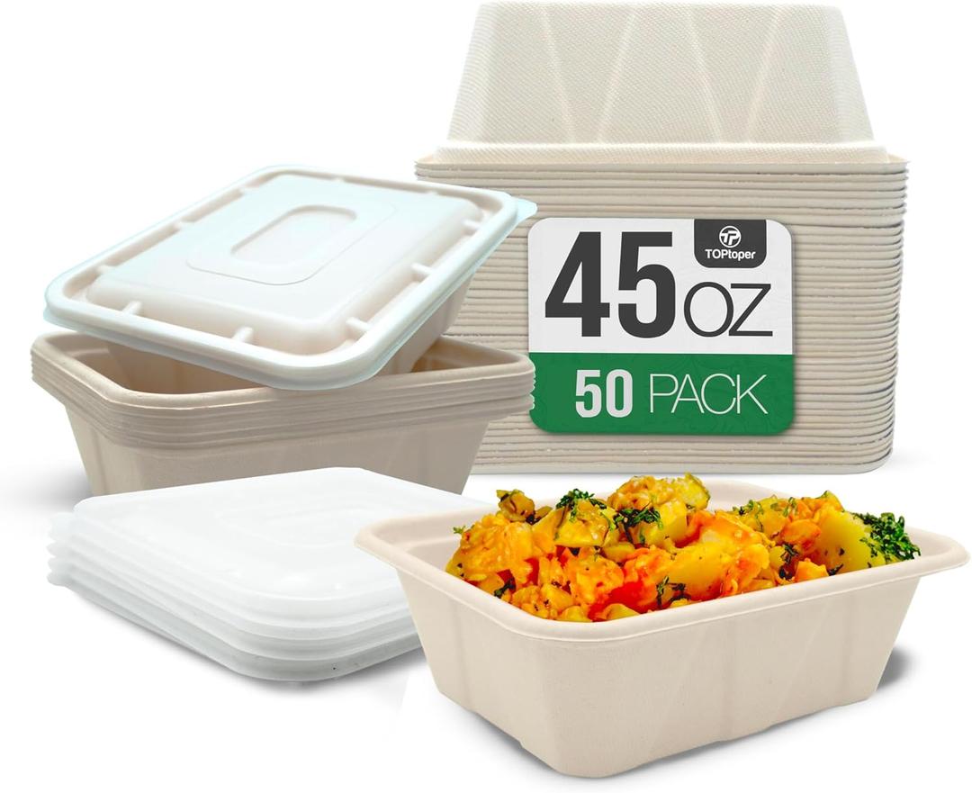 TOPtoper 50 Pack 45 Oz Large Paper Bowls with Lids, Heavy Duty Compostable Paper Bowls for Party, Disposable Bowls Bulk Leakproof and Microwave Safe for Hot/Cold Use (45 OZ)