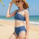 Girls Swimsuit 2 Piece Bikini Set Contrast Trim Bathing Suit Padded Solid Color Swimwear with Adjustable Strap 7-16Y (Blue)