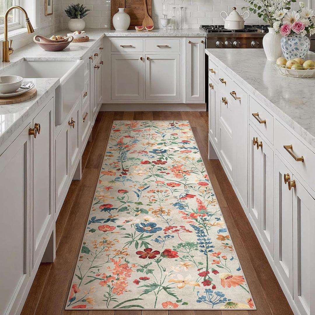 PureCozy Floral Runner Rug 3x8 Washable Hallway Long Beige Bedroom Carpet Non Slip Indoor Boho Kitchen Low Pile Accent Rug Lightweight Soft for Bathroom Dining Laundry Living Room