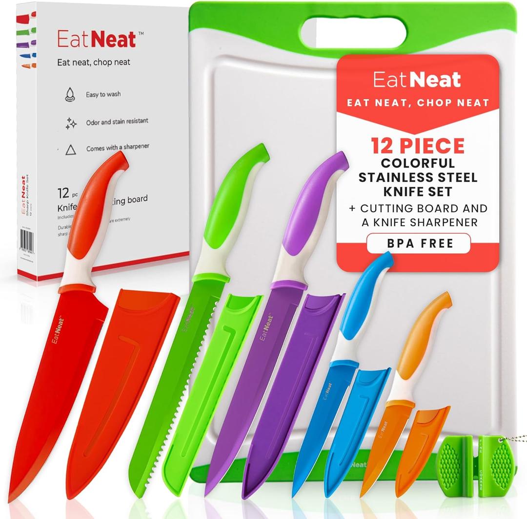 EatNeat 12-Piece Knife Set  Chef, Bread, Carving, Utility & Paring Knives with Sheaths, Sharpener & Cutting Board  Non-Stick Stainless Steel, Ergonomic, Dishwasher Safe  Ideal for Home, RV & Gift (Multicolor)