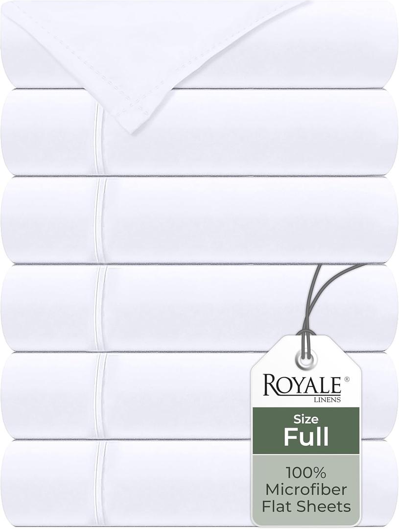 Royale Linens 6 Pack Bulk Flat Sheet Set - Top Sheets - Soft 1800 Microfiber - Wrinkle & Stain Resistant - for Hotel, Massage Table, Hospital, Dorm - Full Flat Sheet Sold Separately (Full, White)
