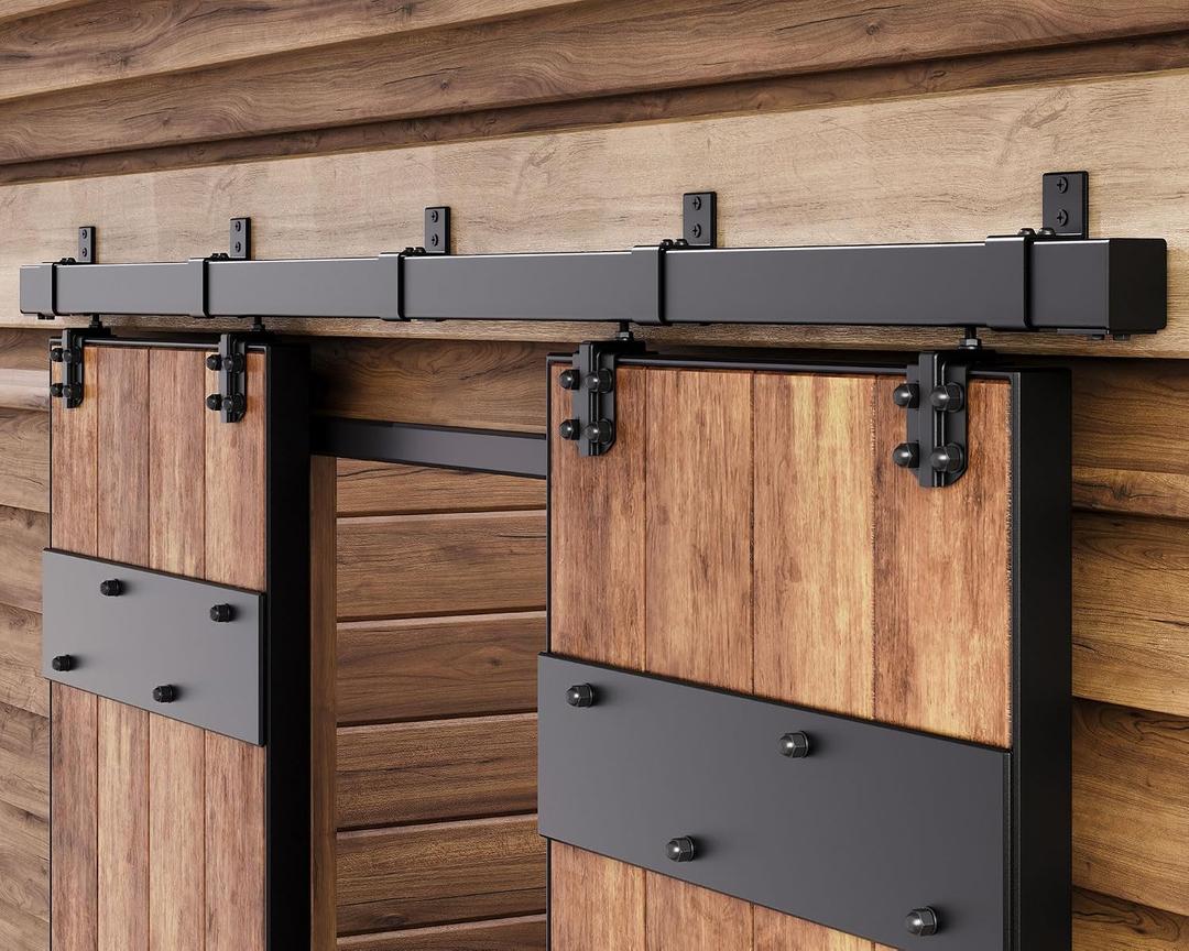 Easelife 12FT Exterior Sliding Barn Door Hardware Kit, Box Rail Track, 450lb Capacity, Black Weather-Resistant Steel, Wall Mount System for Outdoor Use, Fit Double 36in Door