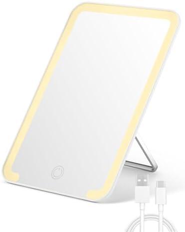 OMIRO Lighted Travel Makeup Mirror, 8 x 5 inches Desk Mirror with Foldable Stand and 3 Lighting Modes for Shaving and Travelling, White