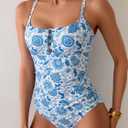 B2prity One Piece Swimsuit for Women Tummy Control Retro Bathing Suit Button Up Slimming Swimwear (Blue, L)