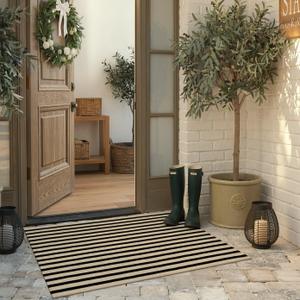 KIMODE Striped Outdoor Rug 27.5x43 Inches, Machine Washable Outdoor Front Porch Rug, Black and Khaki Front Door Mats, Hand Woven Welcome Layered Doormat Entryway Rug for Entrance, Doorway
