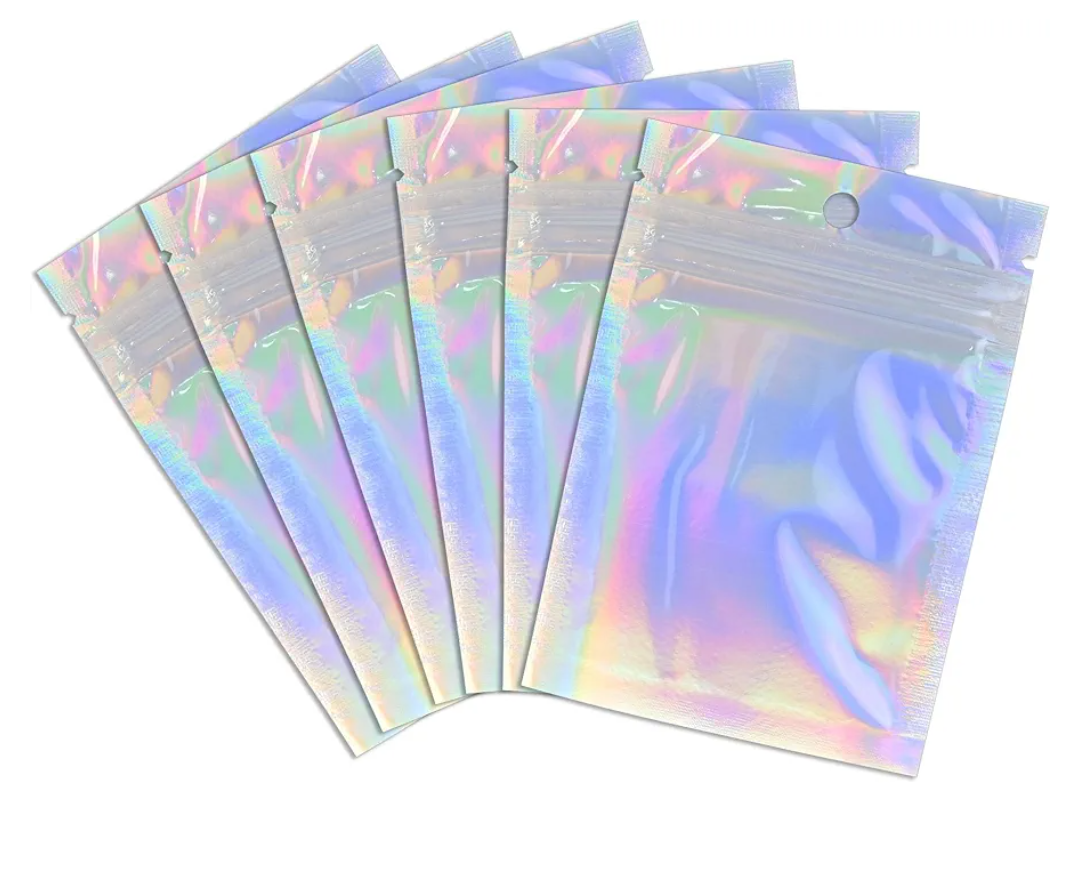 100 Pack Holographic Resealable Plastic Bags for Food Storage, Zipper Bags with Clear Front Window, Packaging Pouch for Small Business (100 Pack, 2.8x4 inch)