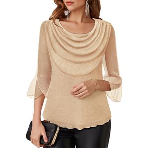 Lotusmile Blouses for Women Dressy Casual 3/4 Sleeve Cowl Neck Sparkly Tops Cocktail Shirts for Evening Party (Medium, Champagne)