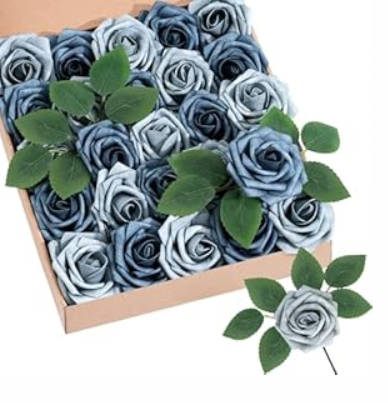 Artificial Flowers Foam Fake Roses 25pcs Burgundy Roses with Stems for Home Decor DIY Wedding Bouquets Party Bridal Shower Centerpieces Faux Flower Arrangements Tables Decorations (Series Blue)