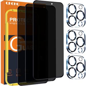 QHOHQ for iPhone 16 Pro Privacy Screen Protector + Camera Lens Protector, [Military Grade Shatterproof], Top 9H+ Anti Spy Glass, Full Edge Coverage, Ultra Durable, with Installation Tool [3+3 Pack] (iPhone 16 Pro 6.3 Inch)