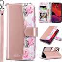 ULAK Compatible with iPhone 13 Wallet Case, Women PU Leather Shockproof Protective Folio Flip Cover with Card Holder Kickstand 6.1 inch, Pink Flower