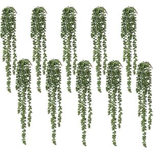 10 Pcs Artificial Succulents Hanging Plants, Fake String of Pearls Greenery Plants, Decoration for Wall Home Backdrop Garden Windows Balcony Indoor and Outdoor (10PCS Green)