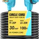 CircleCord 30 Amp 100 Feet RV Power Cord with 90 Right Angle Twist Locking, Heavy Duty 10 Gauge STW Pure Copper Wire with Grip Handle, TT-30P to L5-30R with Cord Organizer for RV Trailer Campers