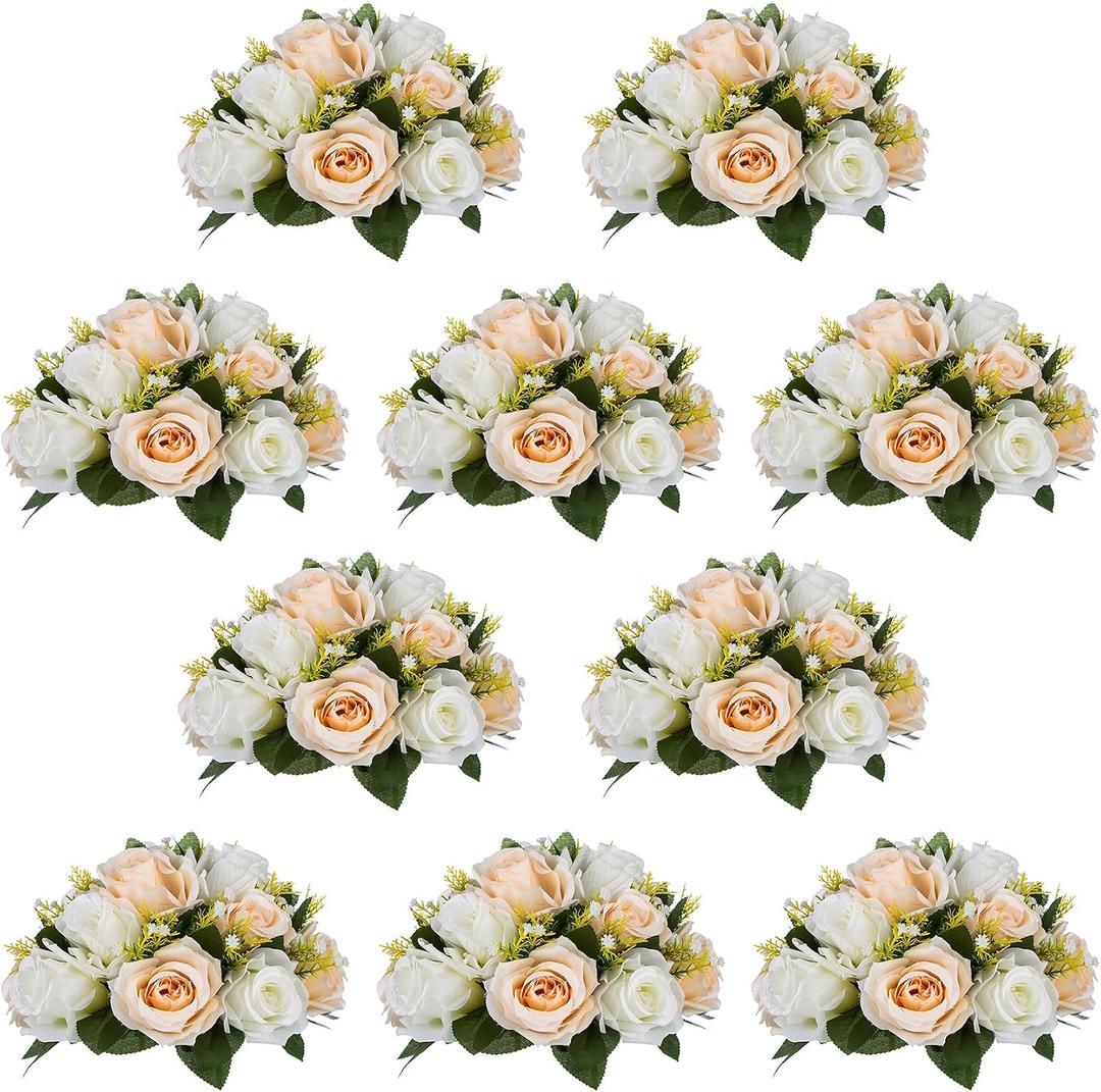 NUPTIO Artificial Flower Centerpieces for Tables: 10 Pcs Peachy Champagne & White Flower Ball Arrangement for Wedding Party - 9.5 Inch Diameter Floral Rose for Bridal Shower Decor