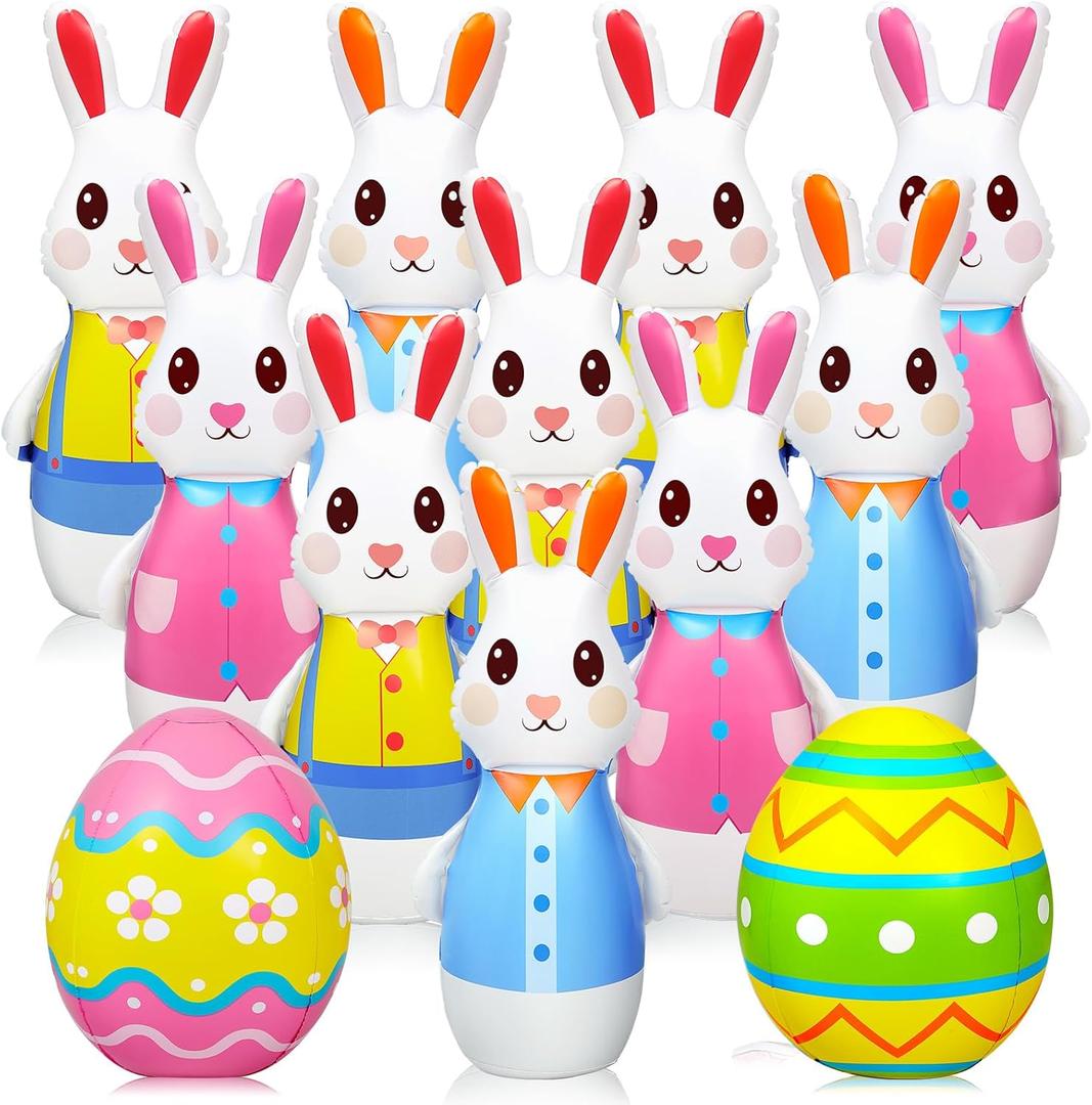 Shappy 12 Pcs 28 Inch Giant Inflatable Easter Bunny Bowling Set with Egg, Inflatable Easter Game for Kids Adults Family, 10 Pins and 2 Balls for Party Toys Indoor Outdoor Holiday Activities