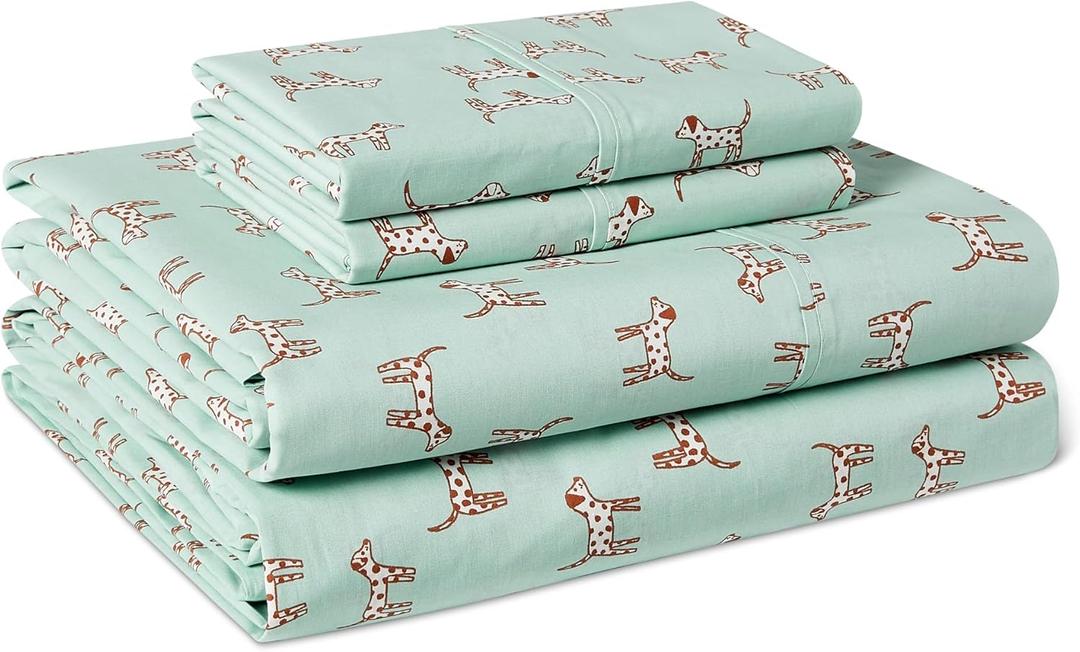 Amazon Basics 100% Organic Cotton Kids' Sheet Set with Pillowcase, Queen, Spotted Dogs