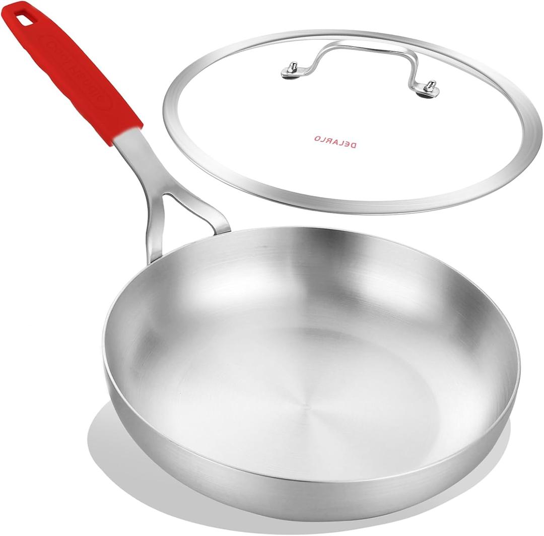 DELARLO Tri-Ply Stainless Steel 8 inch Frying Pan With Lid, Oven Safe Induction Skillet, Suitable for All Stoves Up to 600℉ 
