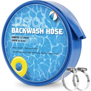 1.5" x 20 FT Pool Backwash Hose, Heavy Duty Flat Sump Pump Hose, Reinforced Discharge Hose with Clamp, Weather and Burst Resistant, Drain Clean Swimming Pools and Filters for Inground Pools