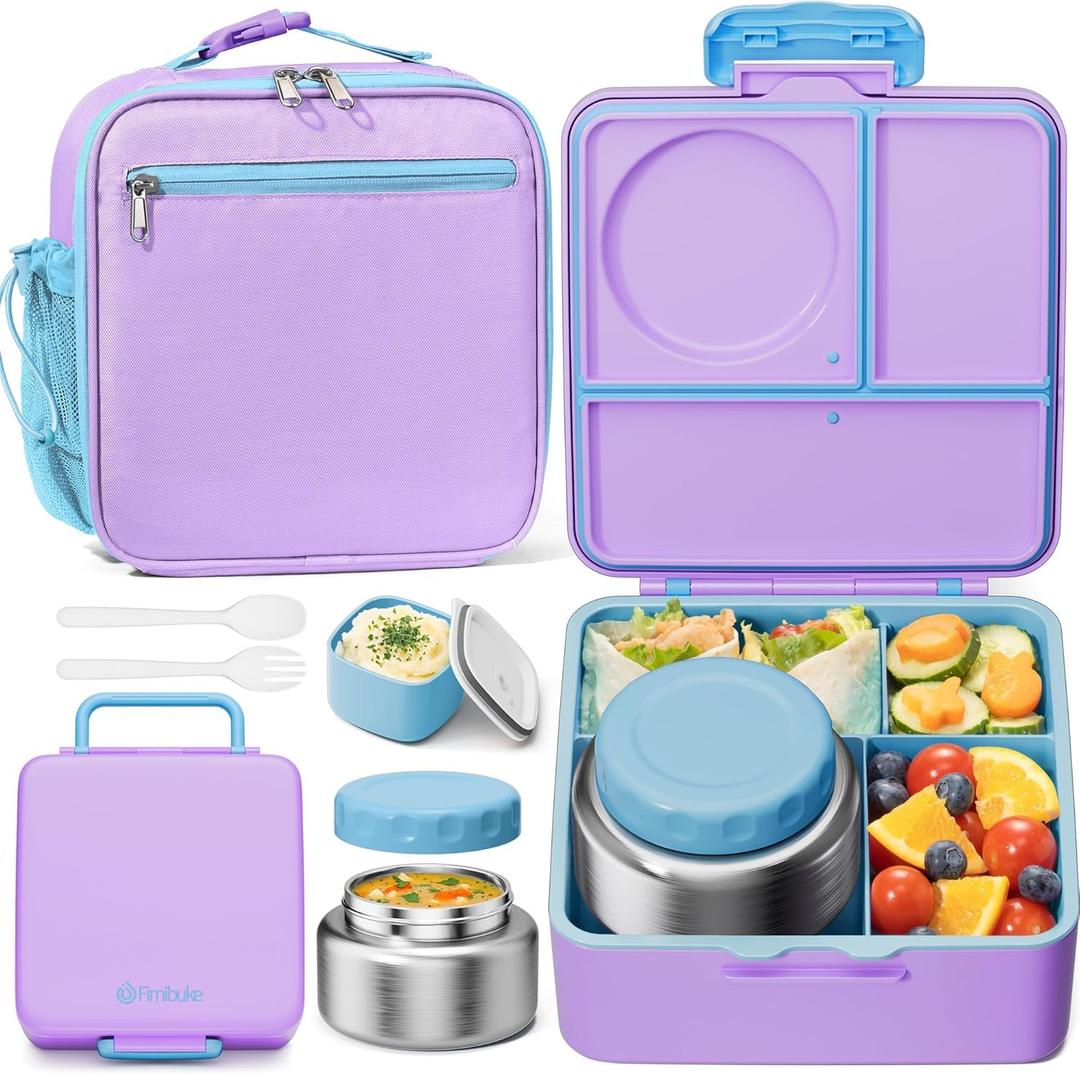 Fimibuke Kids Bento Lunch Box with Thermos, Leakproof Toddler Bento Box with 8.5 OZ Insulated Food Jar, Lunch Bag & Utensils BPA Free Dishwasher Safe 3 or 4 Compartment Container for School Girls Boys (Cotton Candy)