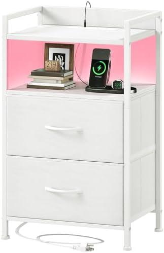 Somdot White Nightstand with Charging Station and LED Light for Bedroom, 2 Drawers Dresser with Fabric Bins for Bedside Kids Dorm Room Closet Laundry Entryway, White Leather
