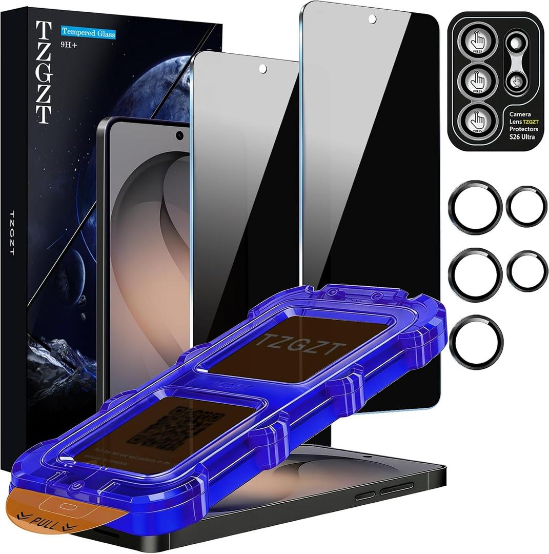 TZGZT 2 Pack for Samsung Galaxy S26 Ultra Privacy Screen Protector, Private Tempered Glass Film, Aluminum Metal Camera Lens Protector Accessories, Automatic 0 Bubble Installation, Case Friendly